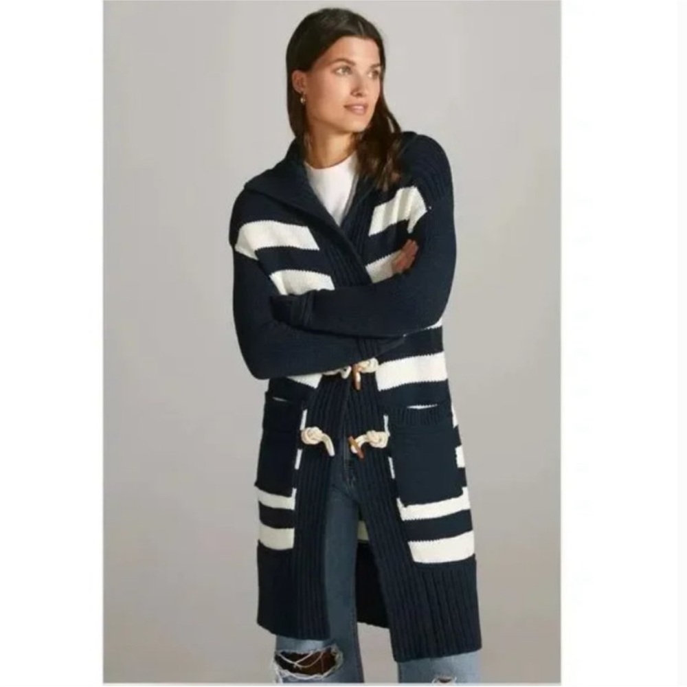 Anthropologie Maeve Navy White Nautical toggle knit long cardigan sz small